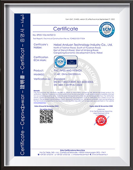 PVC Pipes &amp; Fittings Certificate