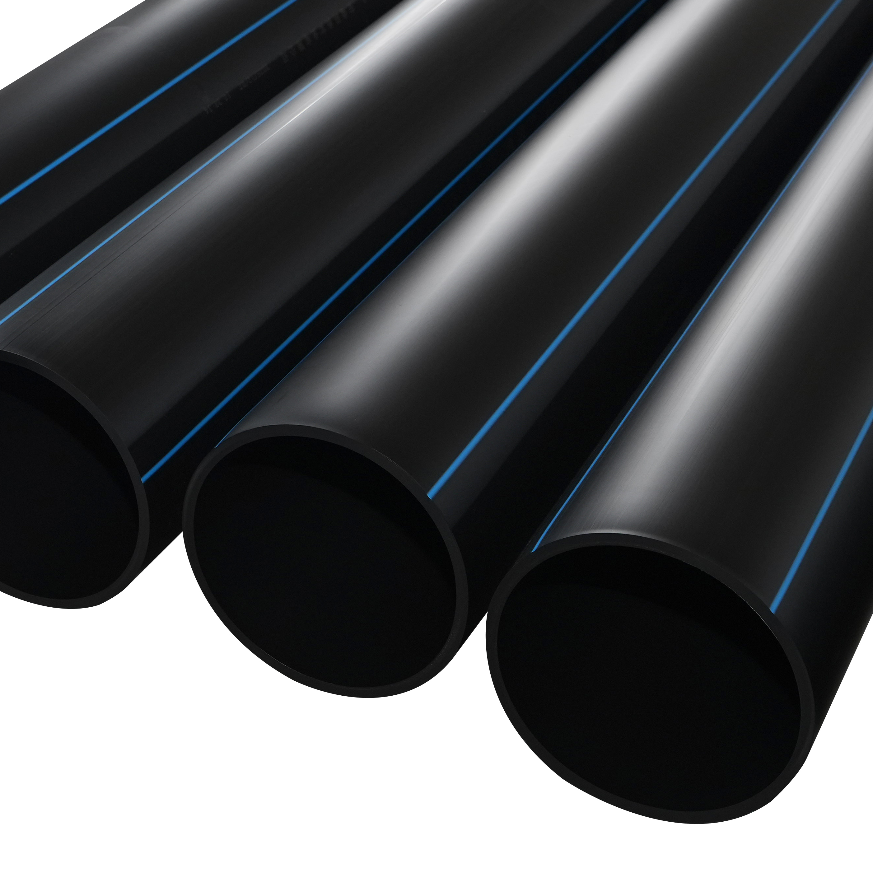 Black flexible coiled PE water pipe stacked for municipal and agricultural water supply projects